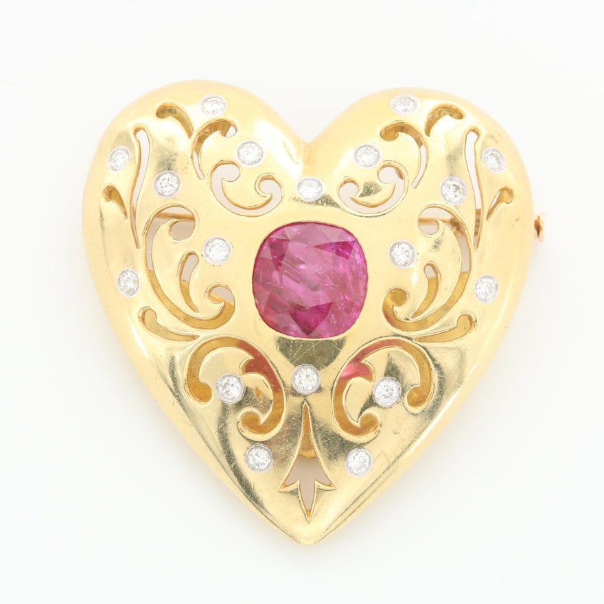18K Gold 5.81 CTW Ruby and Diamond Heart Brooch with 14K White Gold Accents