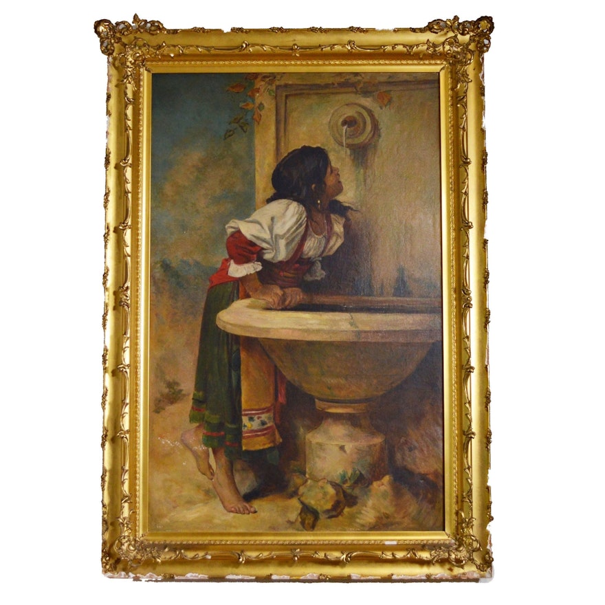 Mixed Media Painting after Léon Bonnat "Roman Girl at a Fountain"