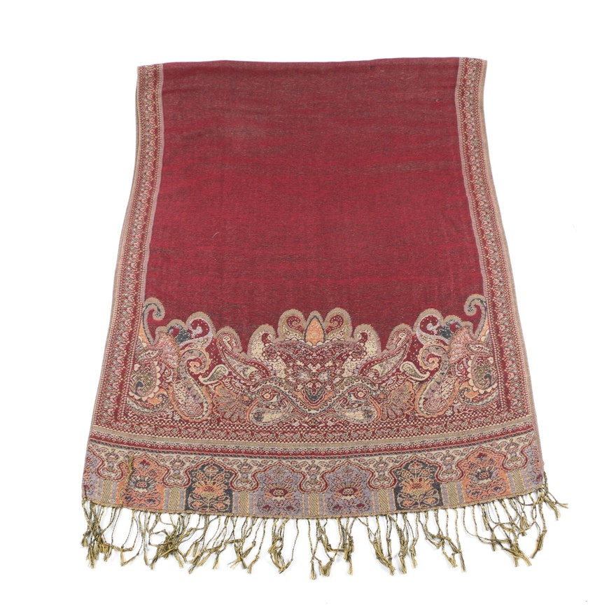 Indian Woven Wrap in Paisley and Floral Design with Hand-Knotted Fringe