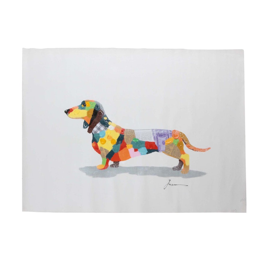 Contemporary Mixed Media Painting of Dachshund Dog