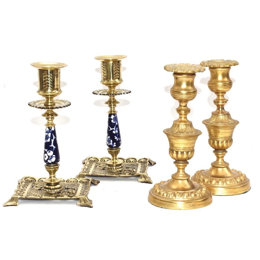 Townshend Brass and Ceramic Candlesticks with William IV Style Candlesticks