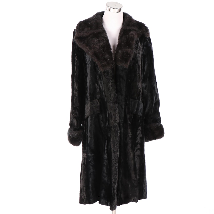 Faux Broadtail Lamb and Fur Collar Coat, 1970s Vintage