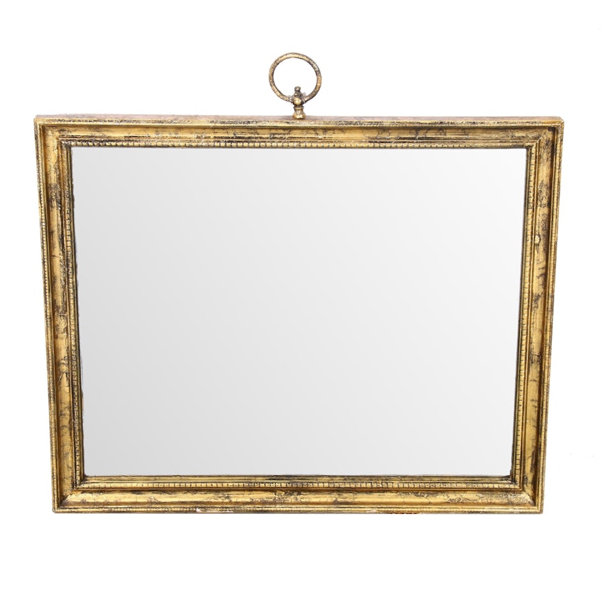 Gold Antiqued Finish Beveled Mirror with Ring Hanger, Mid-20th Century