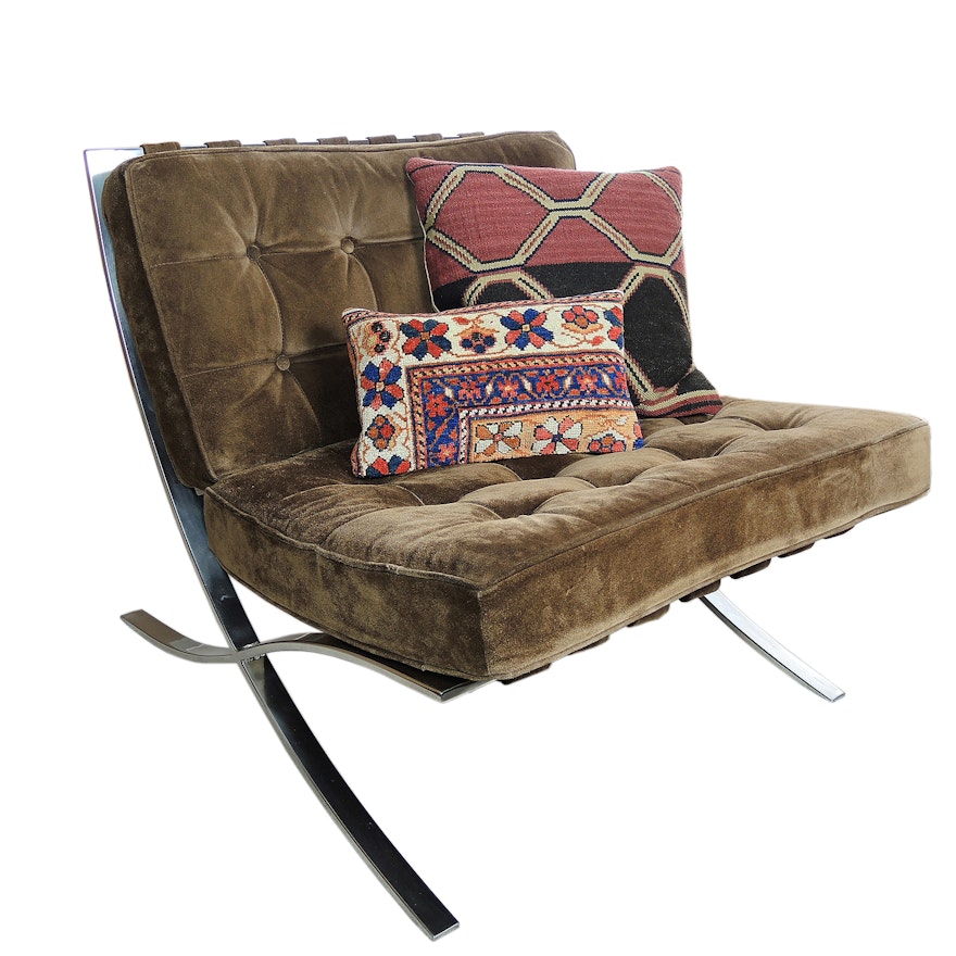 Mid Century Modern Tufted Leather Barcelona Style Chair with Kilim Pillows