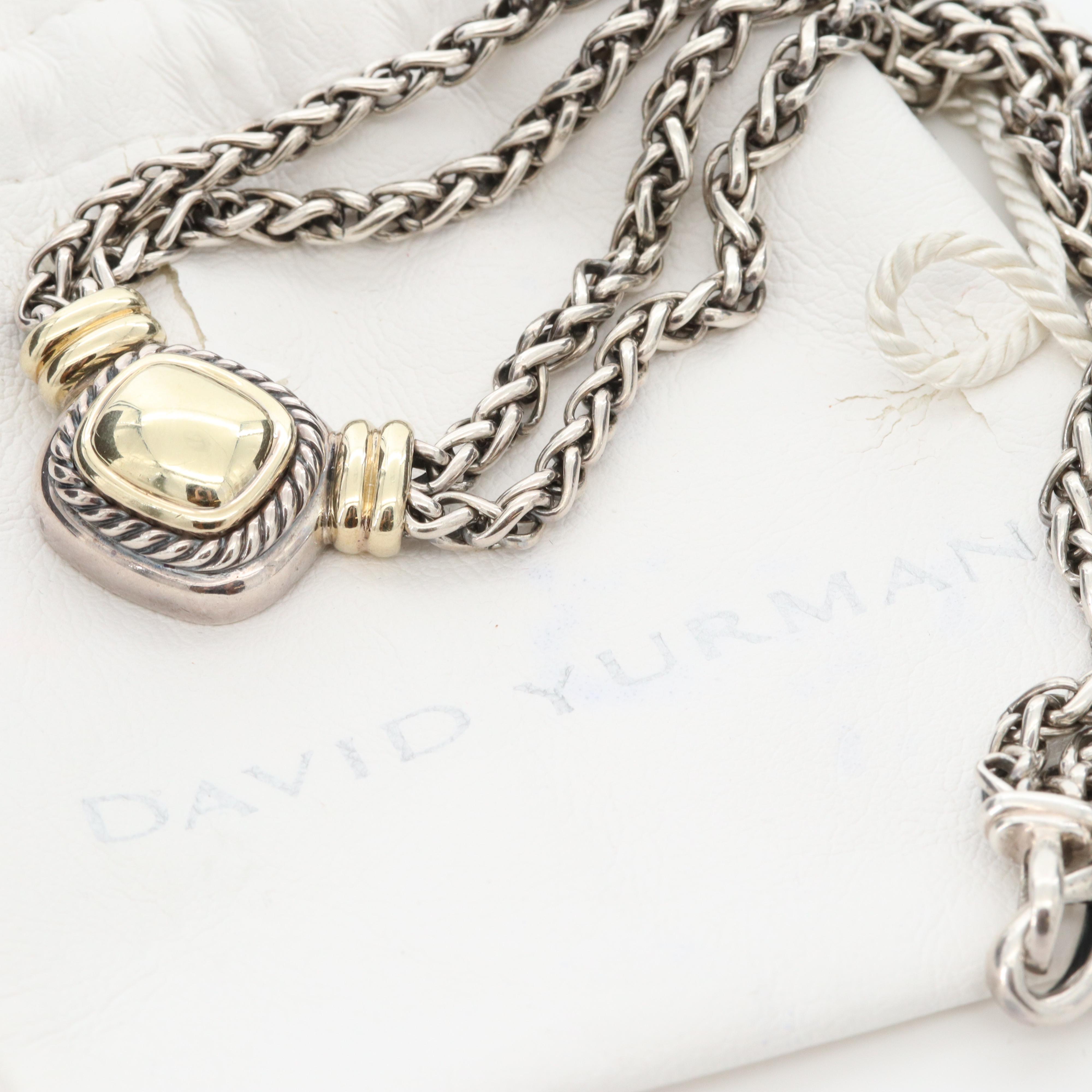 David Yurman Sterling Necklace with 14K Yellow Gold Accents Including Pouch