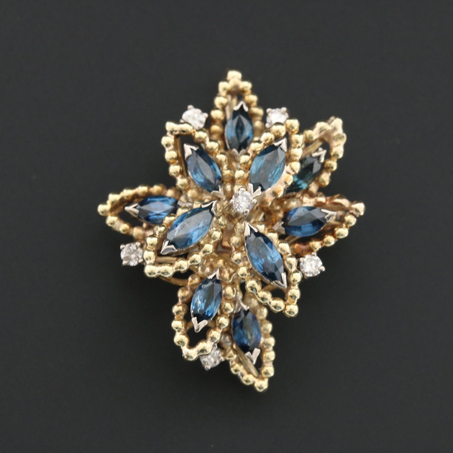 14K Yellow Gold Sapphire and Diamond Brooch with White Gold Accents