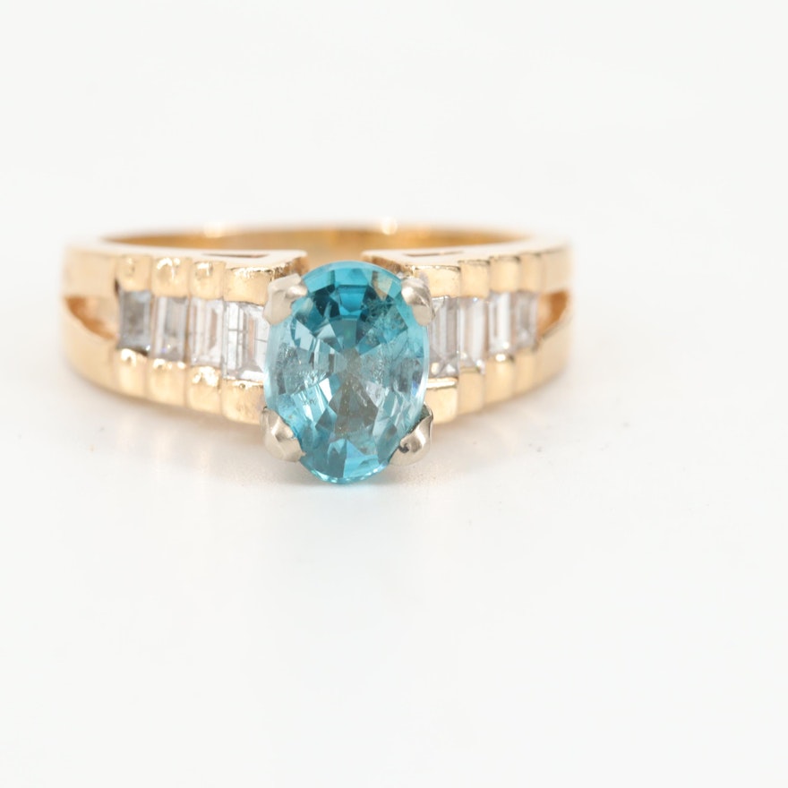 14K Yellow Gold, Blue Topaz and Diamond Ring with White Gold Accents