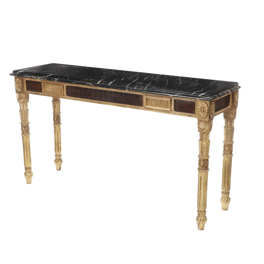 Contemporary Louis XVI Style Gold Tone Painted Console Table with Marble Top