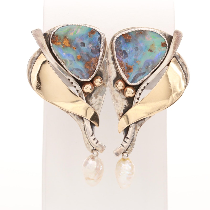 Patricia Karnes Sterling and 14K Gold Opal and Cultured Pearl Drop Earrings