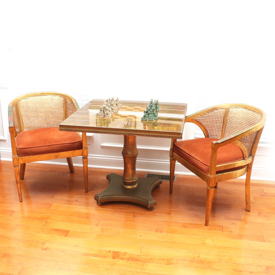 Glass-Top Chessboard Table with Cane-Back Chairs, Mid-20th Century