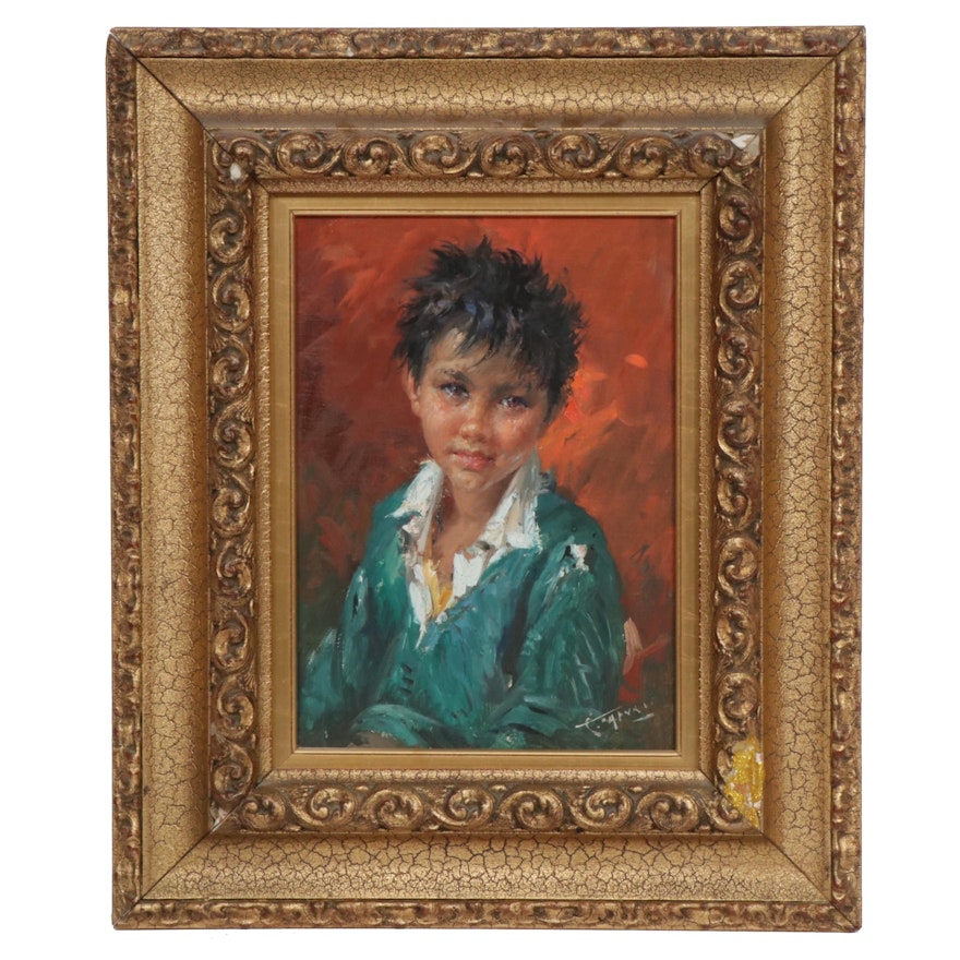 Mid 20th Century Portrait of Boy Oil Painting