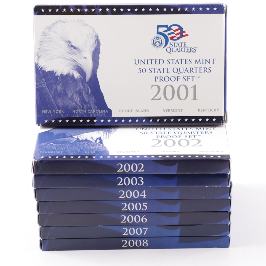 US Mint State Quarter Proof Sets Featuring 2001 to 2008