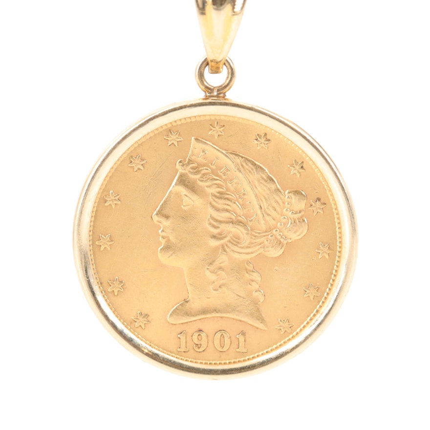 14K Yellow Gold Pendant with 1901 Liberty Head $5 Half Eagle Gold Coin