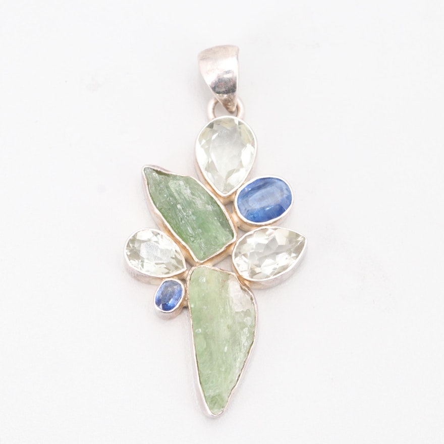 Sterling Silver 1.40 CTW Sapphire, 8.22 CTW Prasiolite, and Quartz Pendant