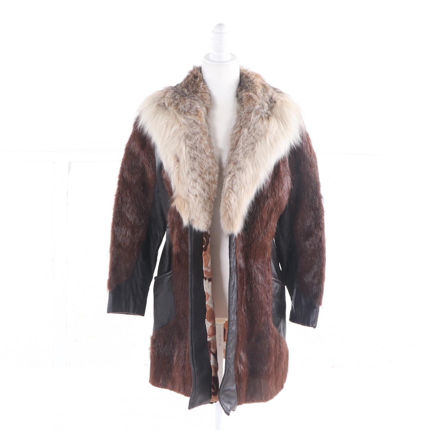 Marshall Field & Company Leather, Beaver and Coyote Fur Coat, Vintage
