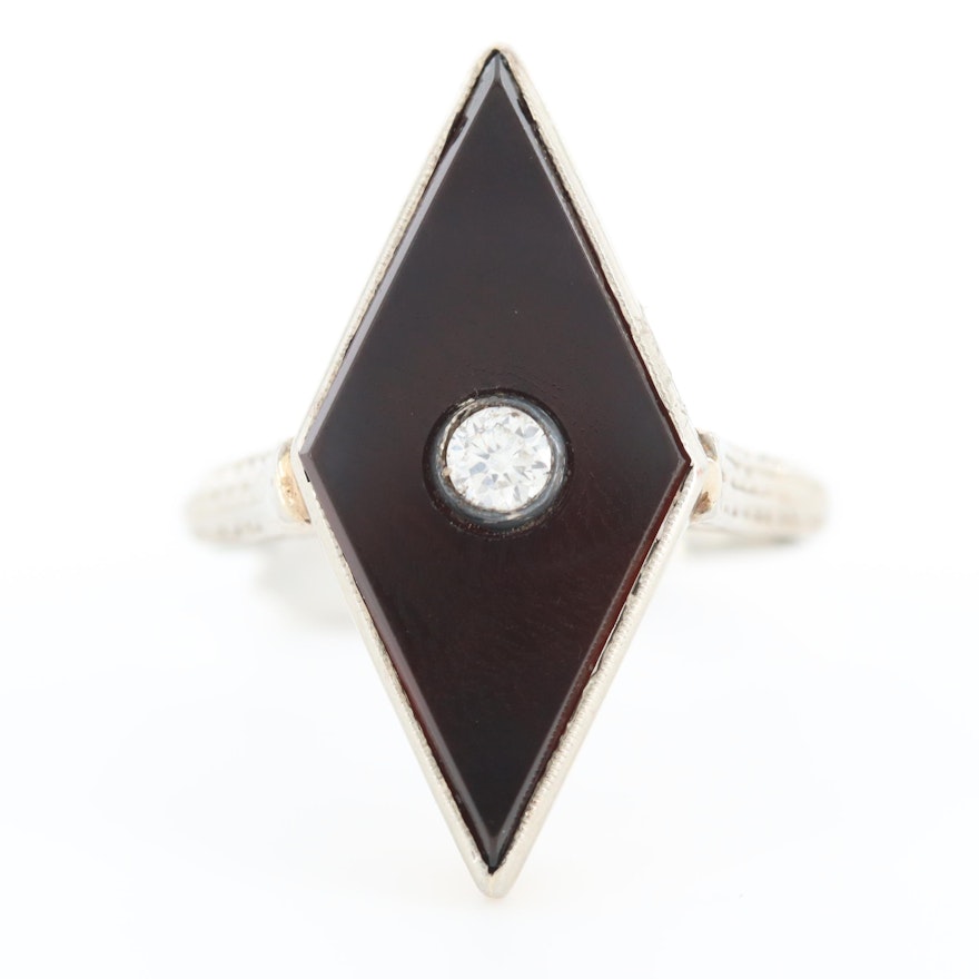 Art Deco 18K White Gold Diamond and Black Onyx Ring