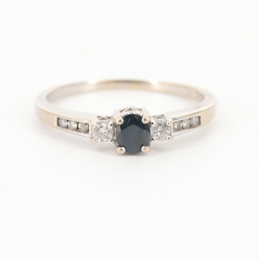 14K White Gold, Blue Sapphire and Diamond Ring
