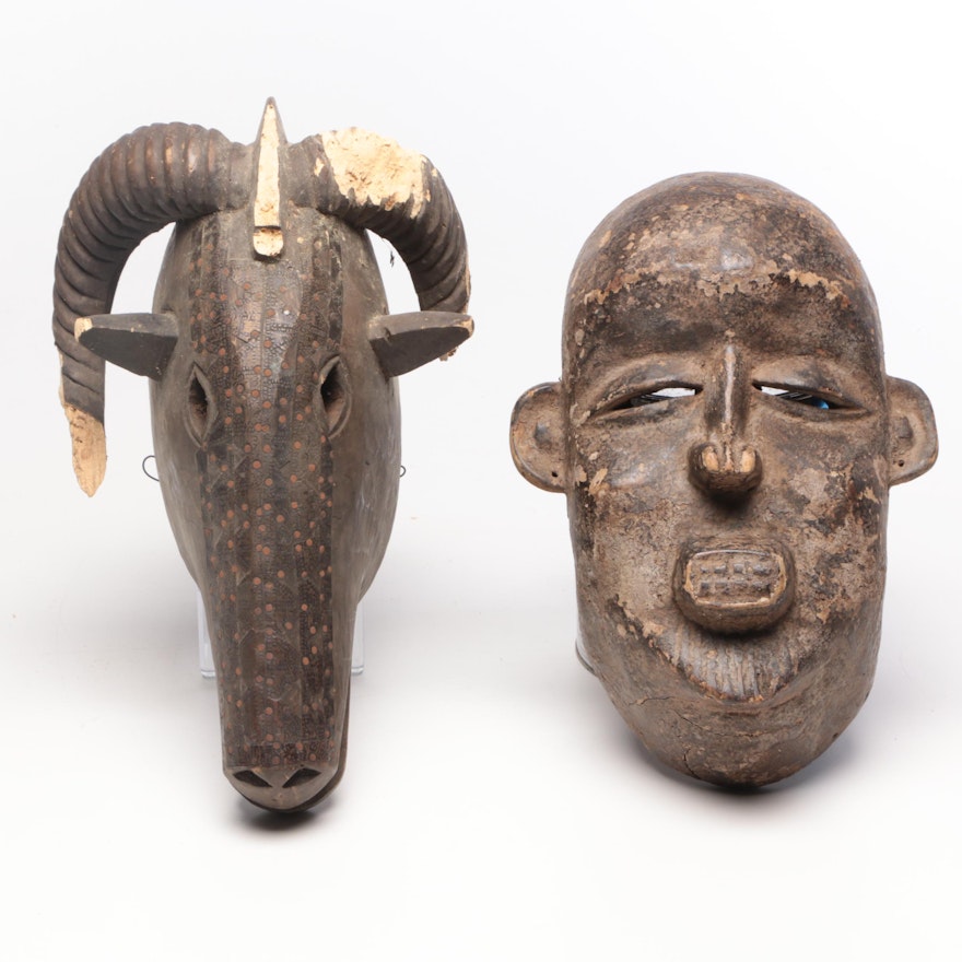 African Tribal Masks, Hand Carved Wood, Early 20th Century