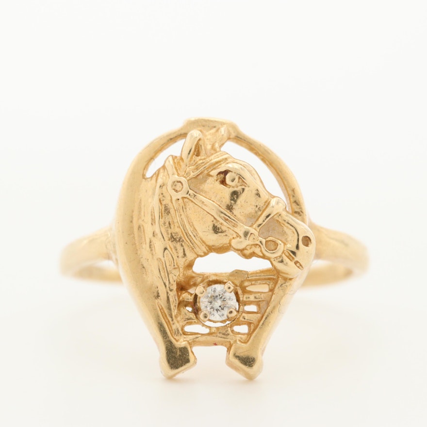 14K Yellow Gold Diamond Horse Ring