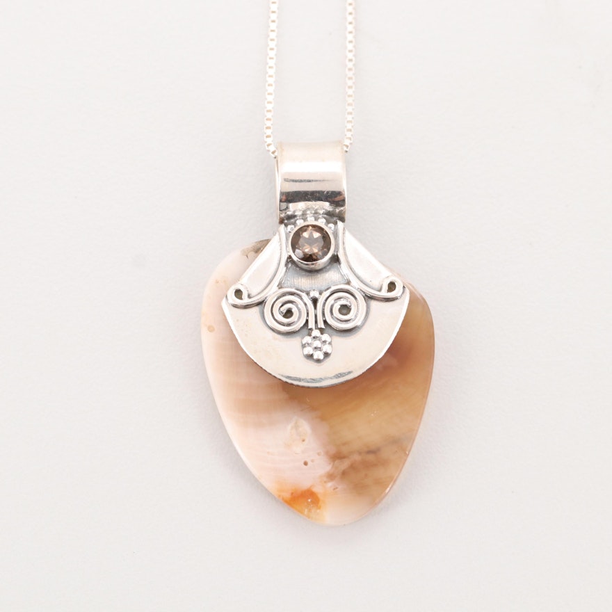 Sterling Silver Agate and Smoky Quartz Pendant Necklace