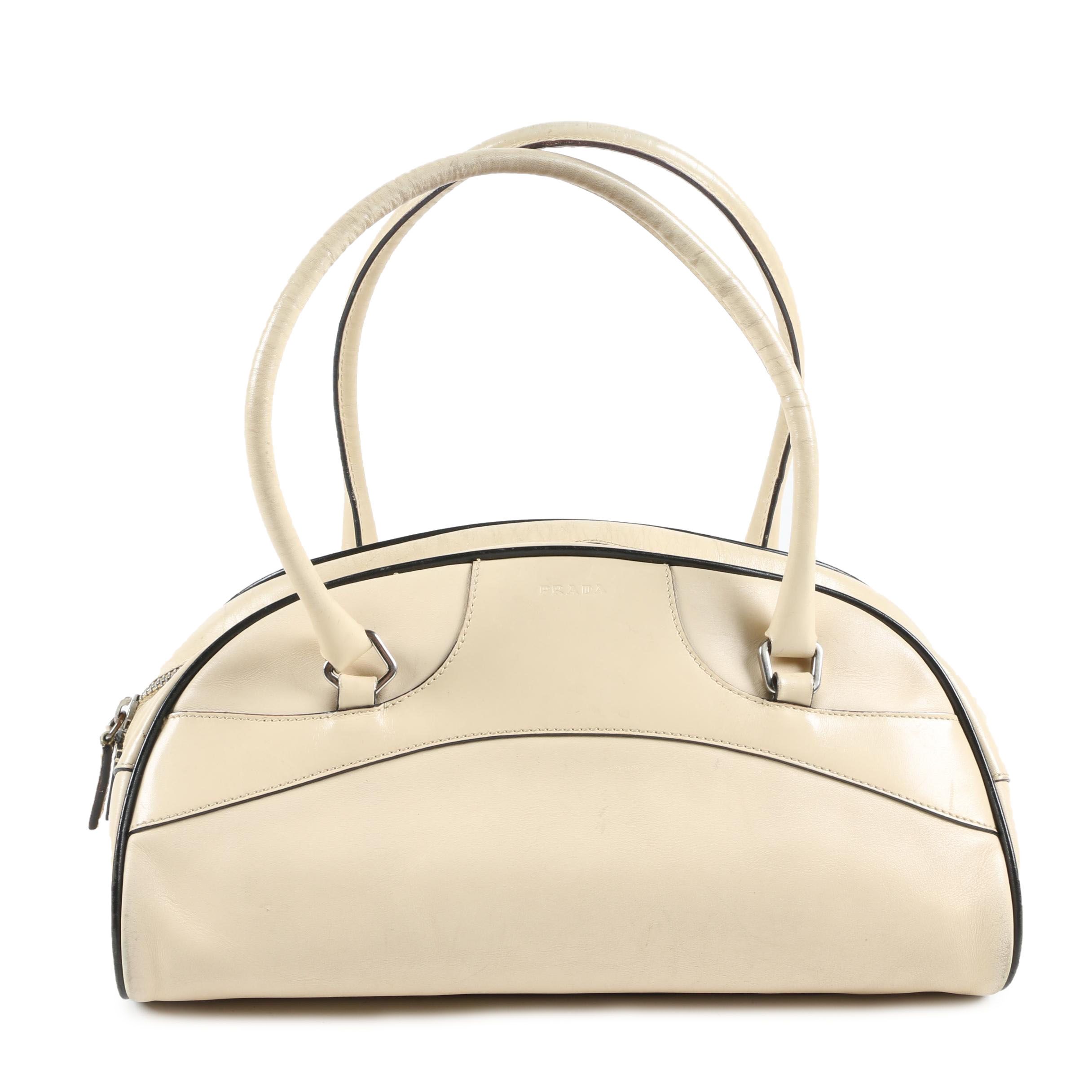 Prada Beige Leather Dome Bag Trimmed in Black