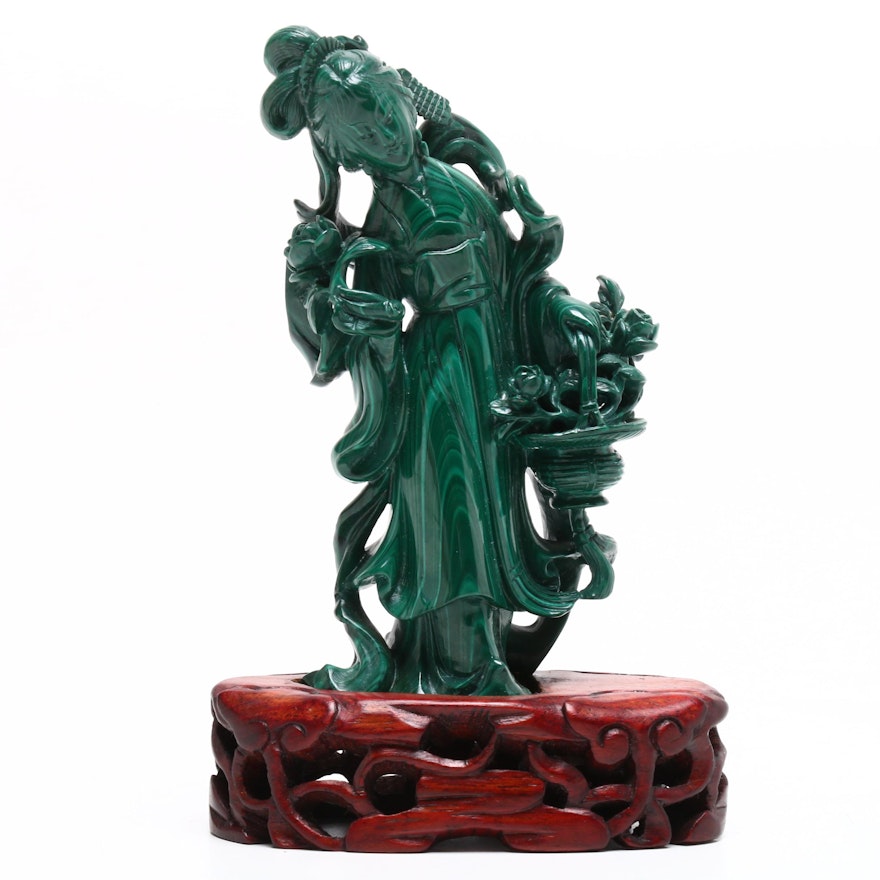 Chinese Carved Malachite He Xiangu Figurine on Rosewood Base