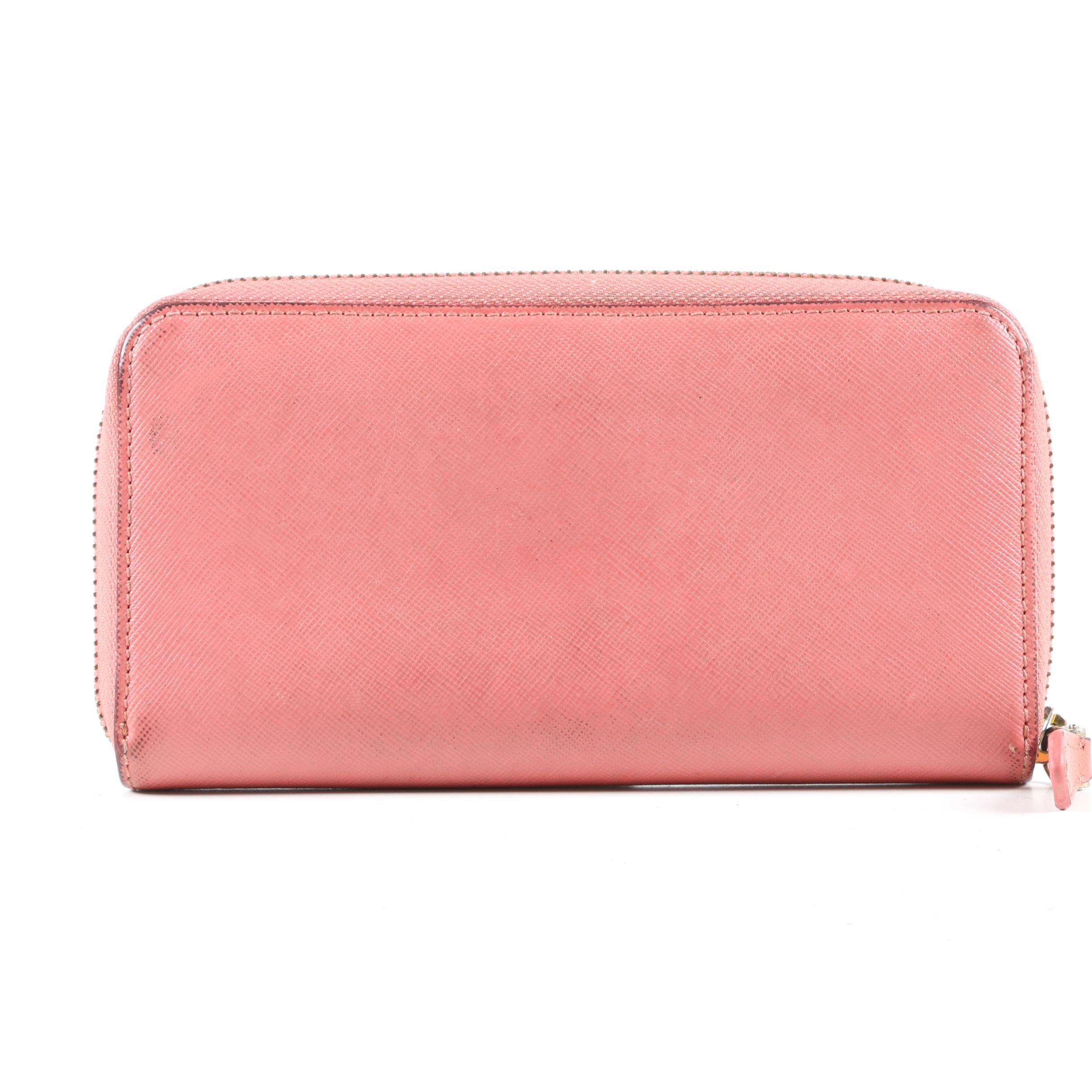 Prada Coral Saffiano Leather Zipper Wallet