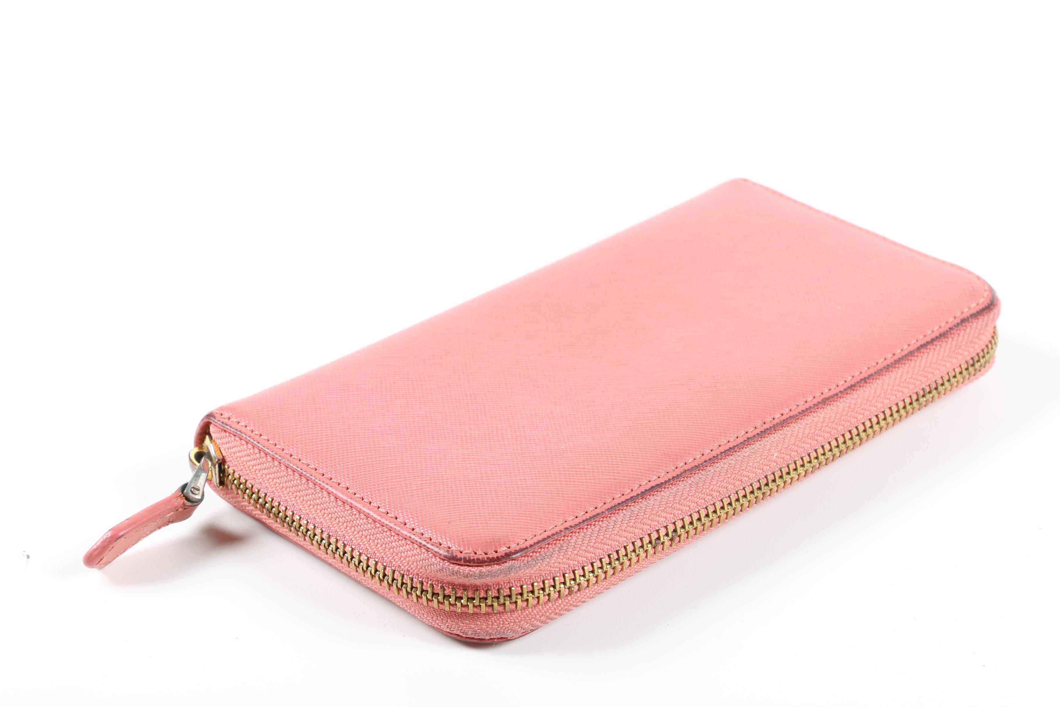 Prada Coral Saffiano Leather Zipper Wallet