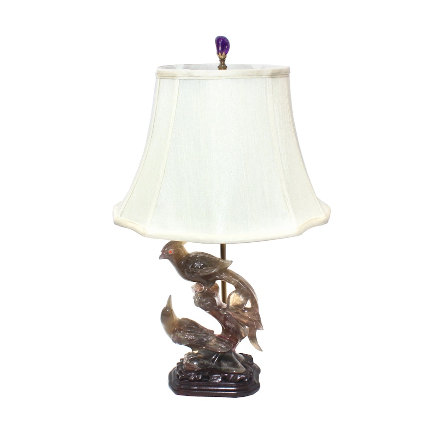 Hand-Carved Figural Quartz Table Lamp with Amethyst Finial