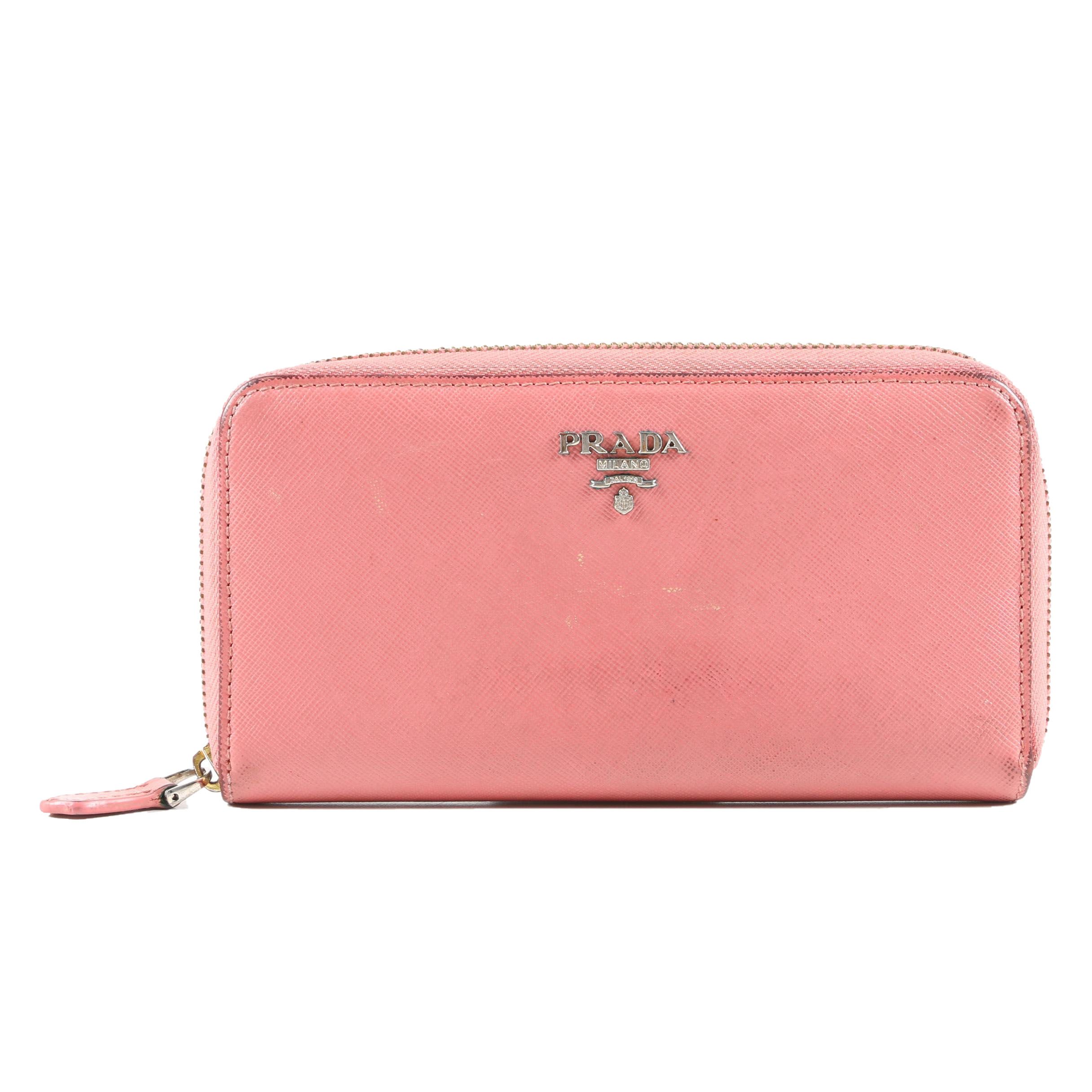 Prada Coral Saffiano Leather Zipper Wallet