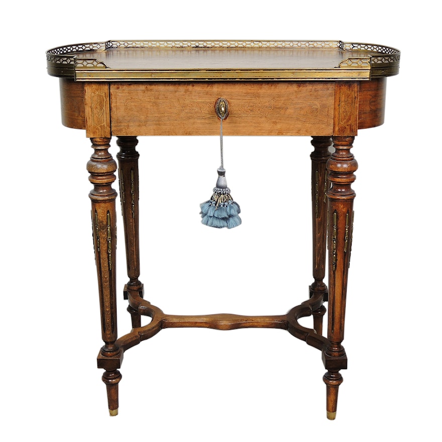 Louis XVI Style Marquetry Galleried Wooden Side Table, Early to Mid 20th Century