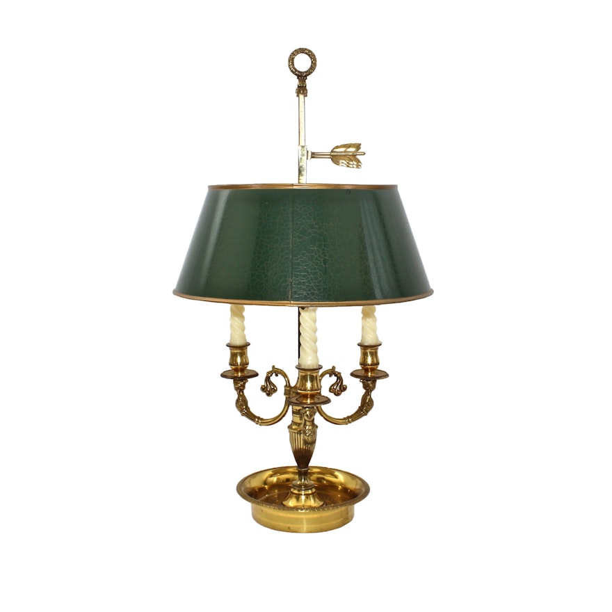 French Style Brass Bouillotte Table Lamp with Three Taper Candlesticks