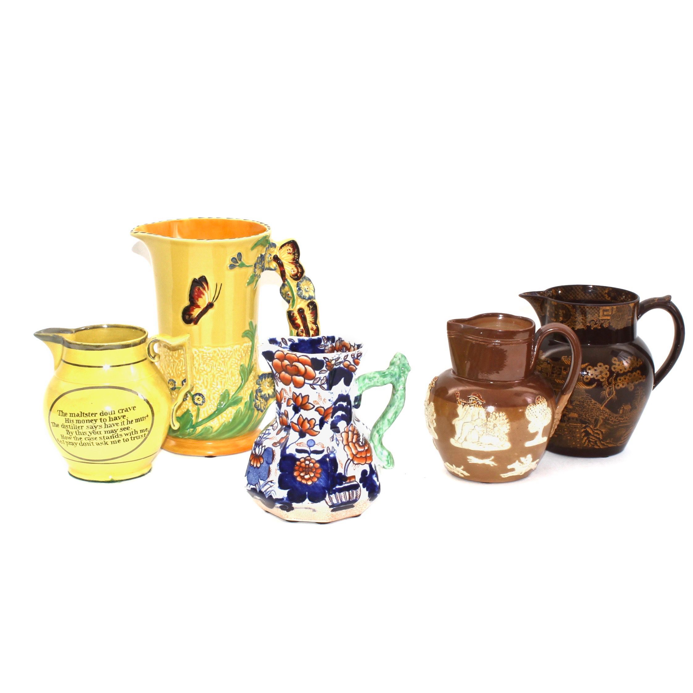 English Jugs Including Canary Yellow and Mason's Patent Ironstone, Antique