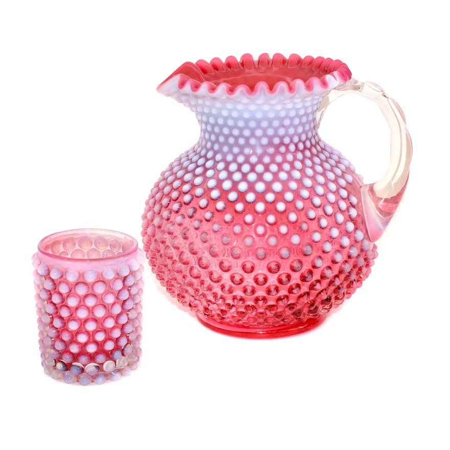 Fenton "Cranberry Opalescent Hobnail" Glass Pitcher and Tumbler