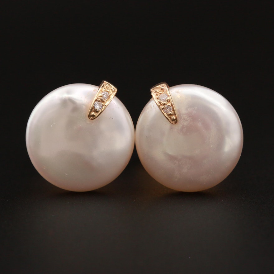 14K Yellow Gold Cultured Pearl Coin Stud Earrings Accented with Diamonds