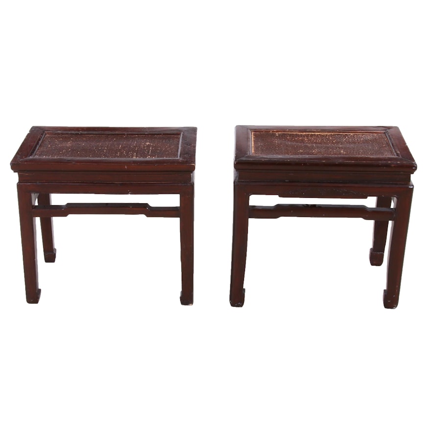 Chinese Woven Cane and Mahogany Finish Nightstands, Late 20th Century