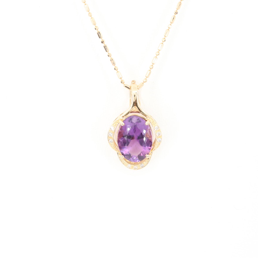 14K Yellow Gold Amethyst and Diamond Pendant Necklace