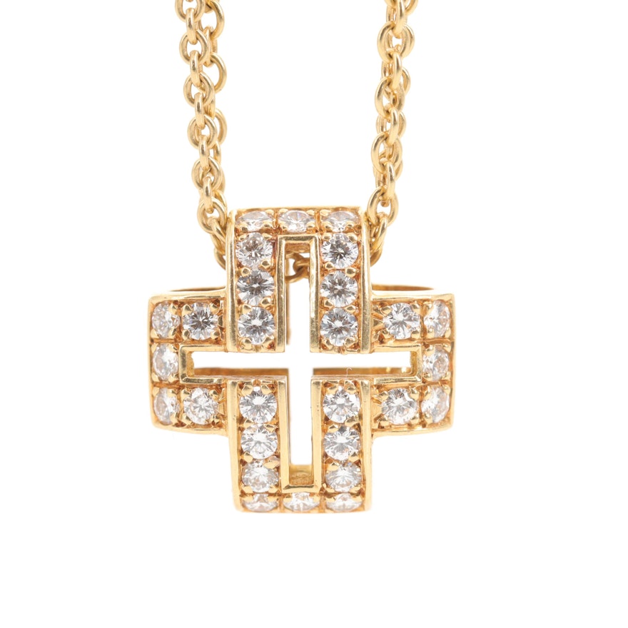18K Yellow Gold Diamond Cross Pendant with Double Chain Necklace