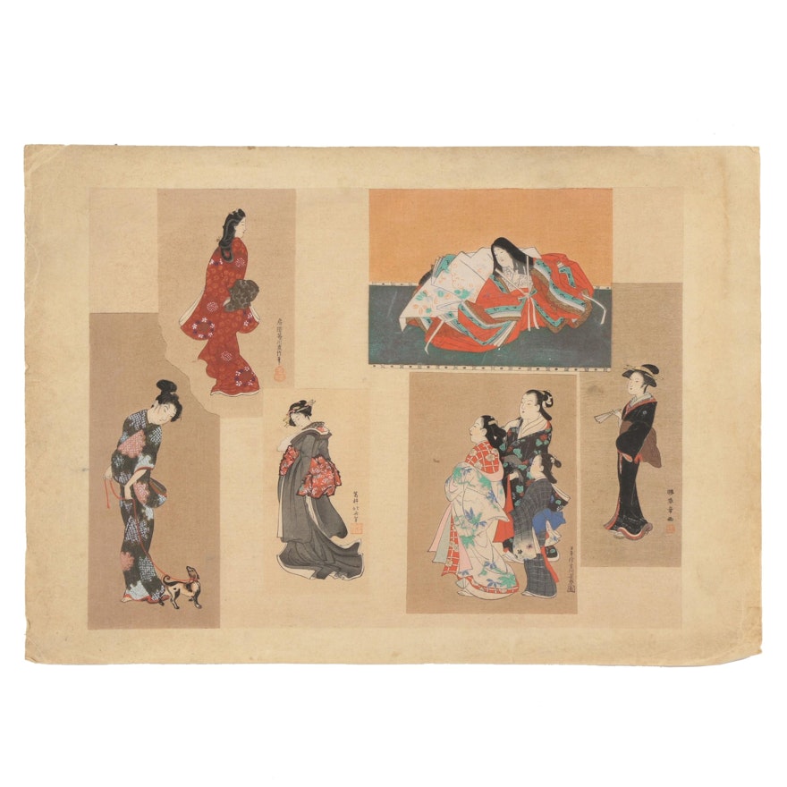 Japanese Ukiyo-e Woodblock Print of Beautiful Women