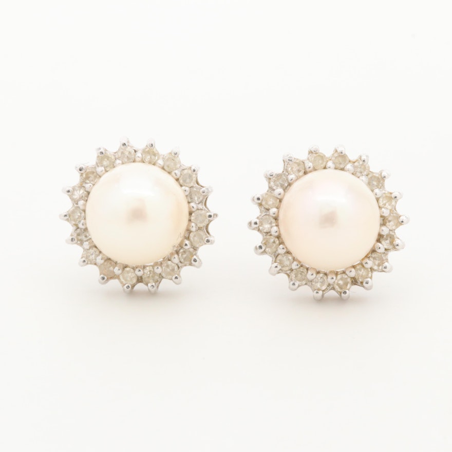 14K White Gold Cultured Pearl and Diamond Halo Earrings