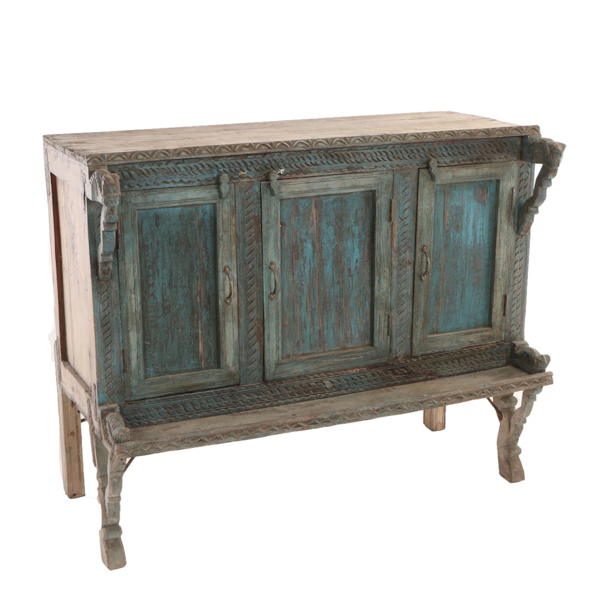 Tibetan Blue-Painted and Carved Hardwood Cabinet, 20th Century