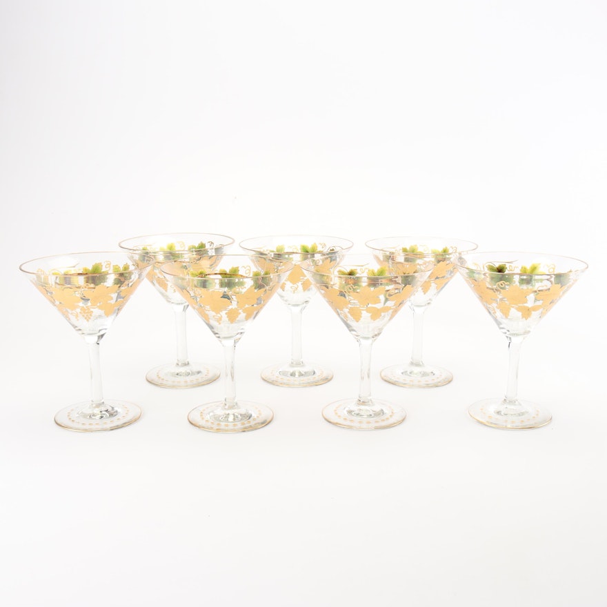 Seven Hand Painted and Gilt Shrimp Cocktail Glasses with Sauce Inserts