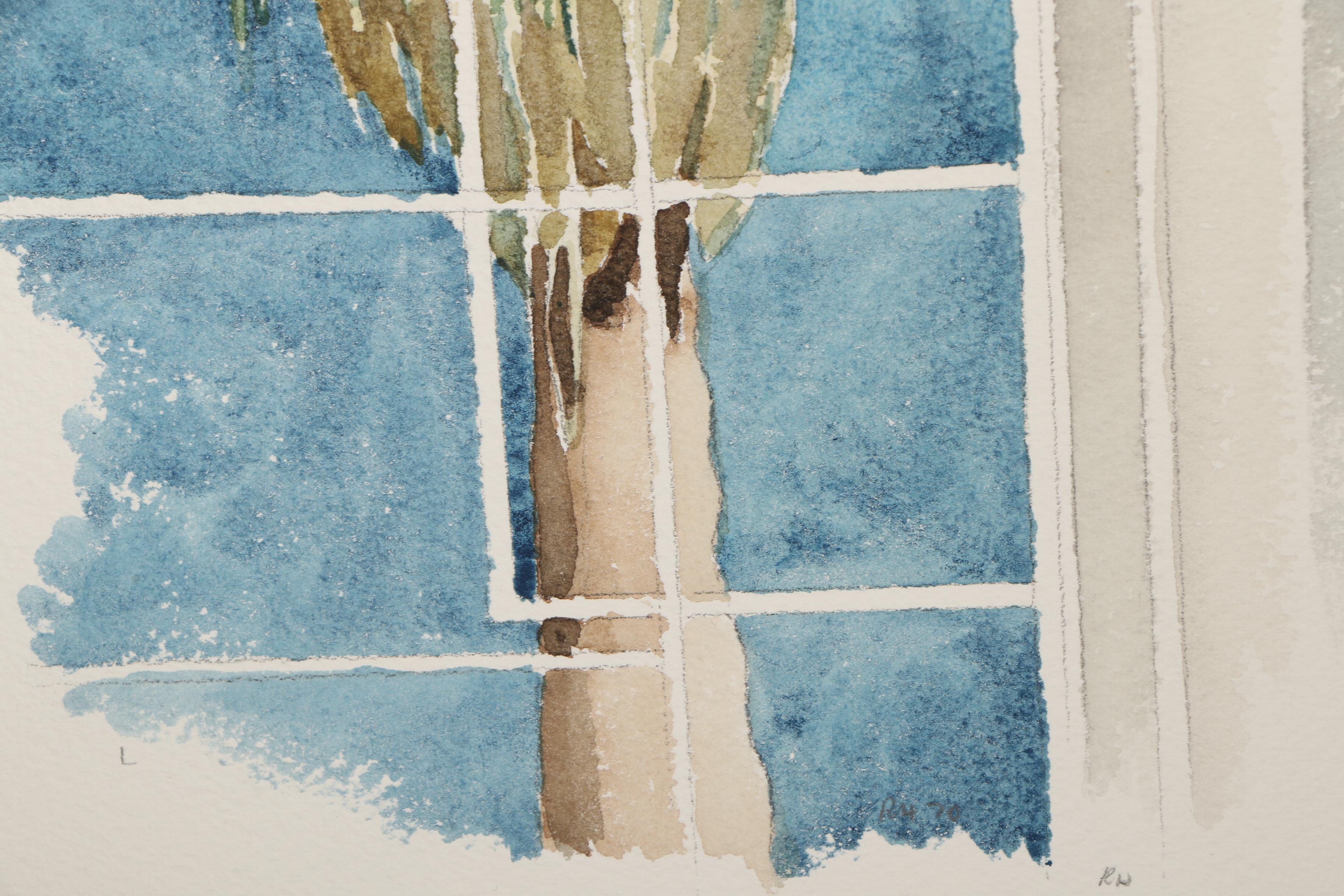 Robert Herrmann Watercolor Painting of Interior Scene with Palm Tree