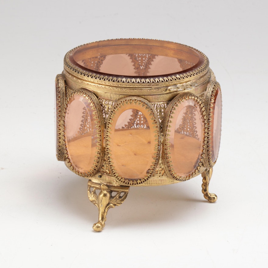 Ormolu Jewelry Casket with Rose Beveled Glass