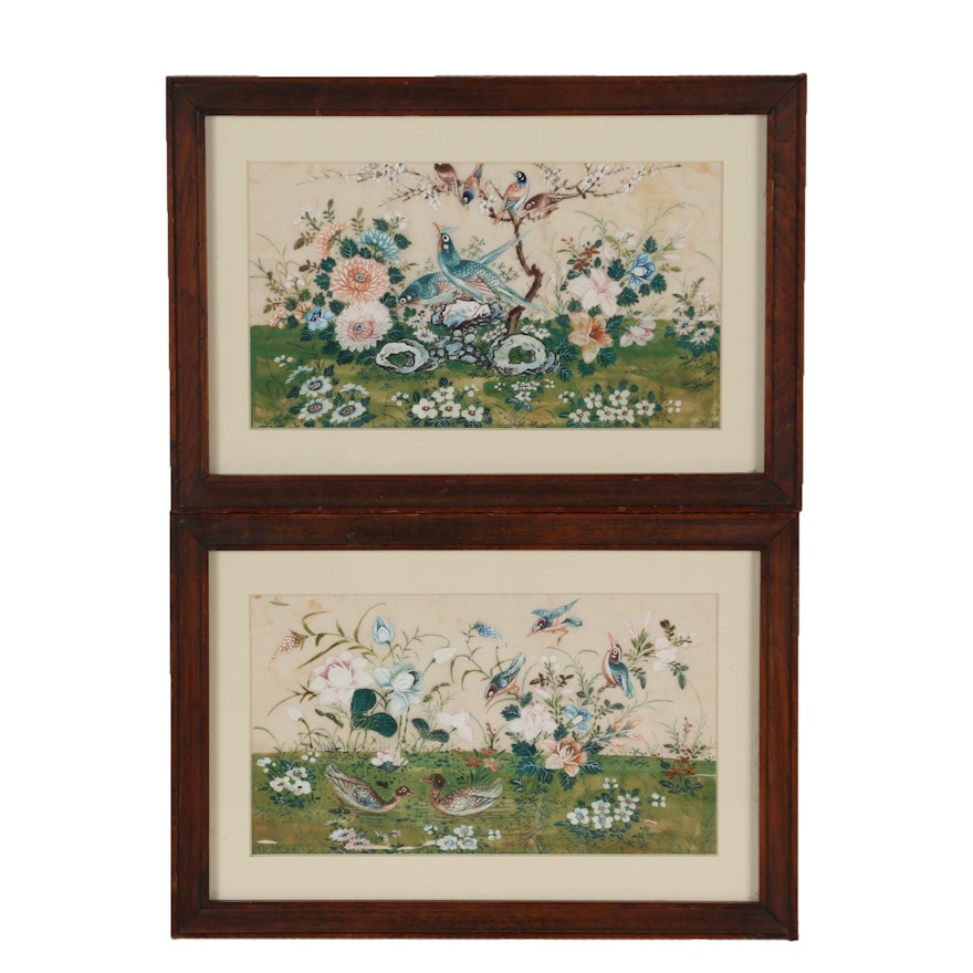 Bird and Floral Motif Gouache Paintings on Vellum