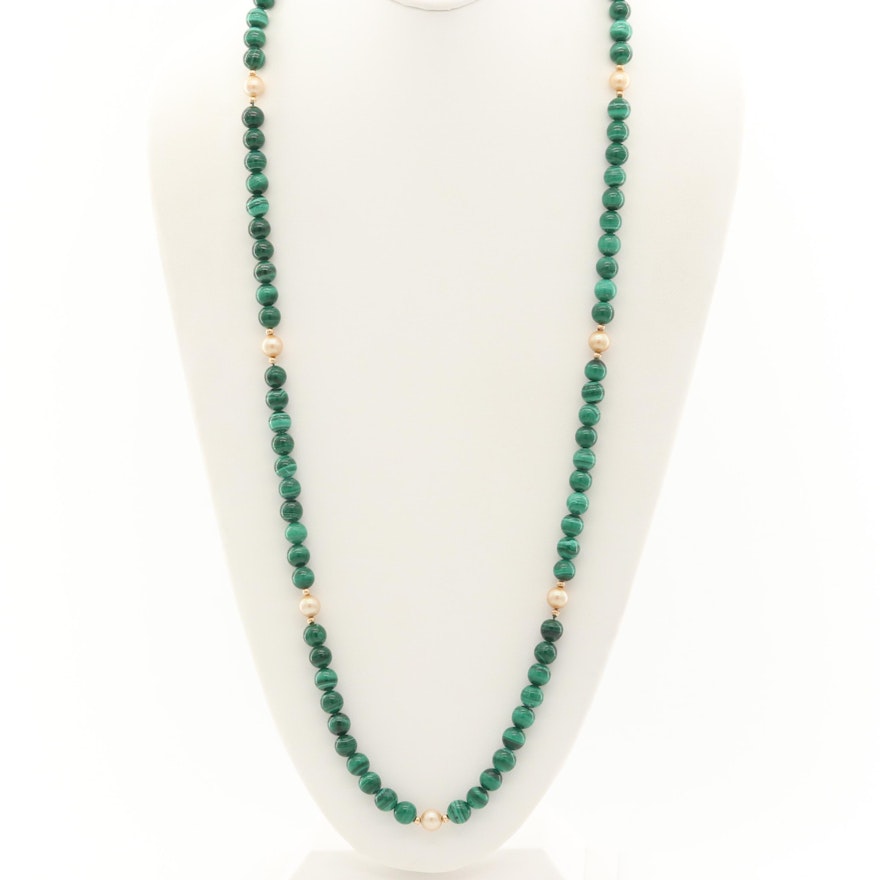 14K Yellow Gold Beaded Malachite and Cultured Pearl Necklace