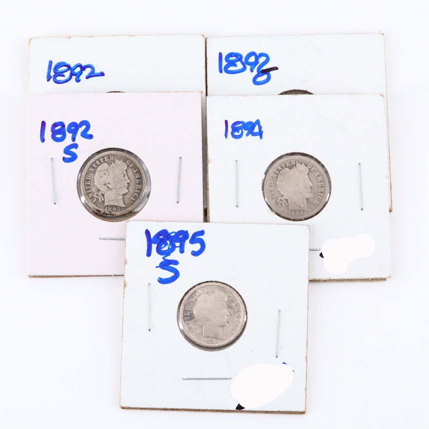 Five Silver Barber Dimes Featuring 1892 and 1895-S