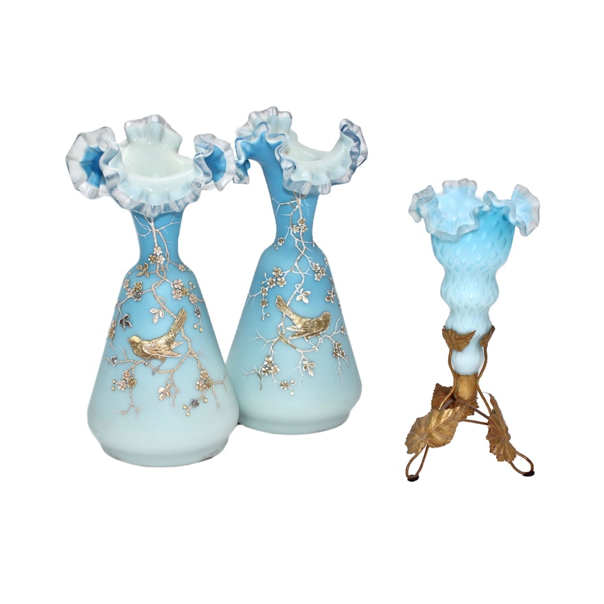 Victorian Hand Blown Blue Satin Glass Vases, Circa 1880s