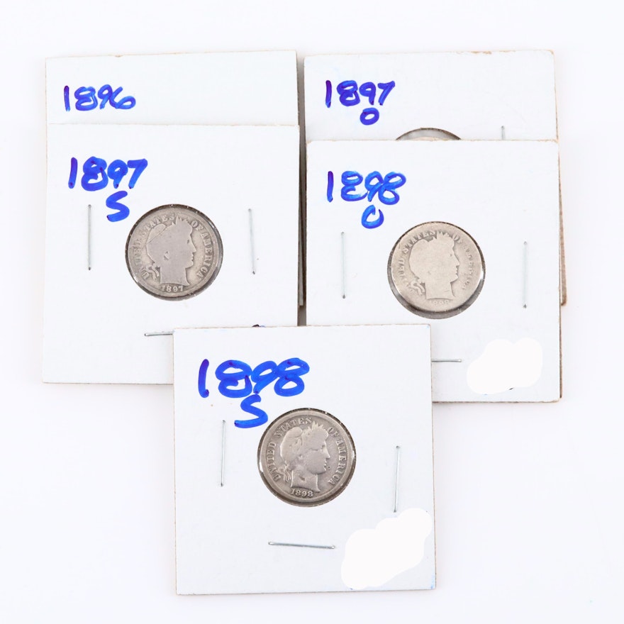 Five Silver Barber Dimes Featuring an 1896 and 1898-S