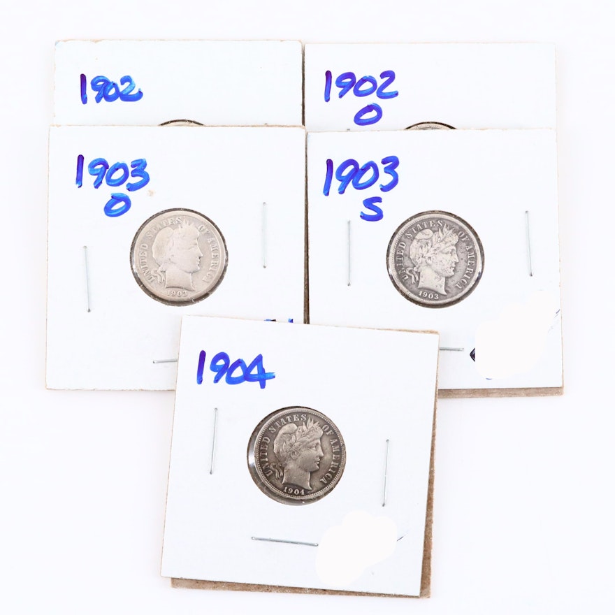 Five Silver Barber Dimes Including a 1903-O and 1904